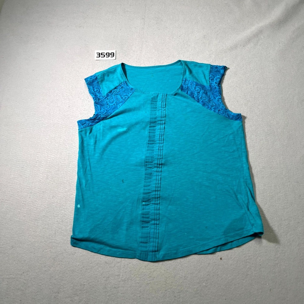 Hannah Blouse Top Womens XL Blue Cotton Lace Detail Pintuck Front Round‎ Neck